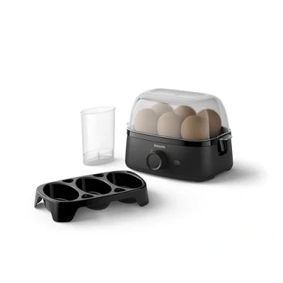 Abbildung von Philips Eierkocher 3000 Serie, Familiengröße, bis zu 6 Eier (weich, mittel, hart, pochiert), Leicht reinigen, Zubehör Pochierschale und Eierstecher, 400 W Leistung, Kompaktes Design (HD9137/90)