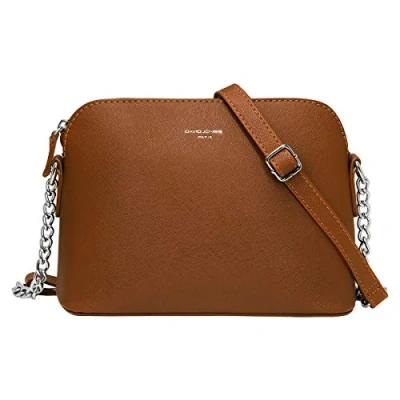 Abbildung von David Jones Damen Kleine Umhängetasche Frau Handtasche PU Leder Tasche Kette Schultertasche Crossbody Bag Abendtasche Zip Reißverschluss Party Handy City Clutch Mode Elegant Kamel Braun