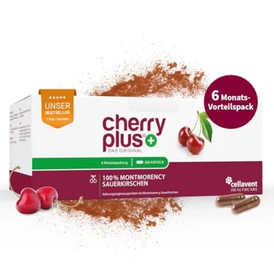 Abbildung von US Montmorency Sauerkirschen Kapseln hochdosierter Extrakt 55.000 mg pro Tagesdosis Cherry PLUS