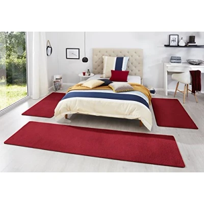 Abbildung von Hanse Home Teppich Bettumrandung Fancy 3 teilig Bettvorleger Velours Teppichläufer Kurzflor Einfarbig Läufer Set für Kinderzimmer Schlafzimmer, Rot 2X 67x140 cm 1x 67x250cm