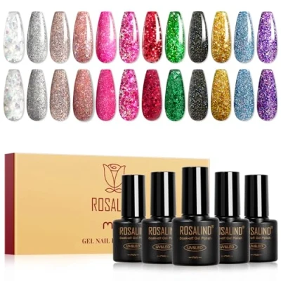 Abbildung von ROSALIND UV Nagellack,12 Farben Glitzer Silber Rosa Rot Schwarz Lila Gel Nagellack Set, Soak Off Mini Farbgel Gelnägel für Nagel Design Nail Polish Maniküre Geschenk