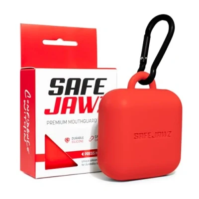 Abbildung von SAFEJAWZ Premium Mundschutzetui mit Karabinerhaken. Einzigartiges, langlebiges und Flexibles Silikondesign, um Zahnfleischschutz geschützt, sicher/sauber zu halten. Rot, Einheitsgröße.