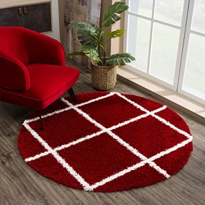 Abbildung von SANAT Madrid Shaggy Teppich Rund Hochflor Teppiche für Wohnzimmer, Schlafzimmer, Küche Rot, Größe: 80 cm