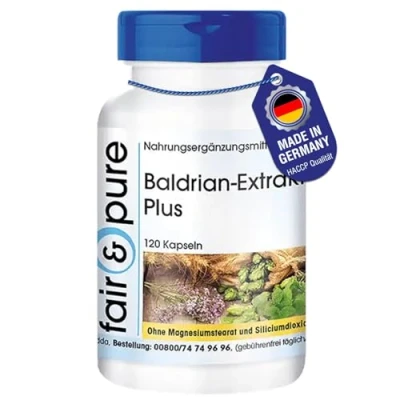Abbildung von Fair &amp; Pure® Baldrian Extrakt Plus 120 Kapseln mit Hopfen und Melisse vegan ohne Magnesiumstearat