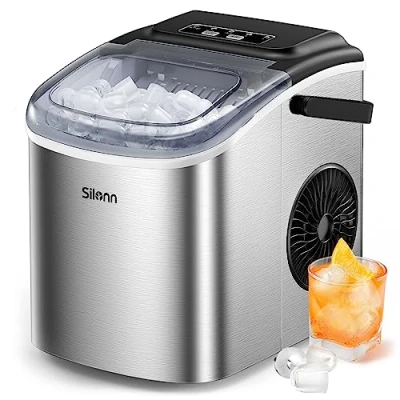 Abbildung von Silonn Eiswürfelmaschine, Eiswürfelbereiter 9 Würfel in 6 Minuten fertig, 12 KG 24 Stunden, Selbstreinigende Kleine 2 Eiswürfel Größen für Küche, Büro, Bar und Party, Edelstahl