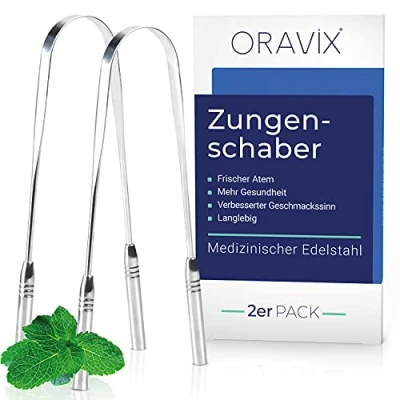 Abbildung von Zungenreiniger Edelstahl Zweier Pack für einen frischen Atem und eine bessere Mundgesundheit Zungenschaber Kinder Erwachsene ORAVIX