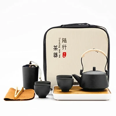 Abbildung von fanquare Japanisches Tragbare Reise Tee Set mit Reisetasche, Schwarz Porzellan Service Teekanne, Mini Chinesisch für Erwachsene, Geschenke Männer