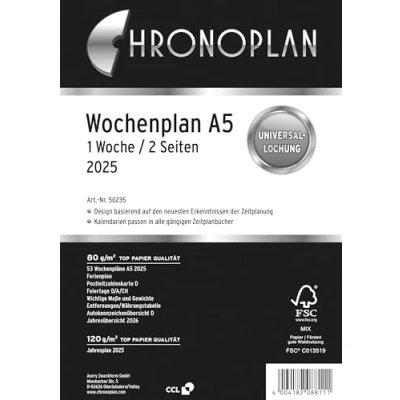 Abbildung von Chronoplan 50235 Kalendereinlage 2025 (Wochenplan A5 (148x210mm) Ersatzkalendarium für Terminplaner, ideal detaillierte Wochenplanung, 1 Woche auf 2 Seiten in Spalten, mit Universallochung) weiß