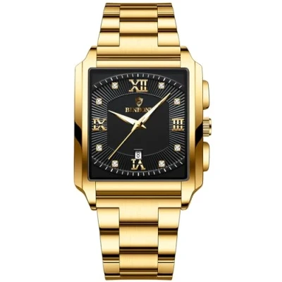 Abbildung von JewelryWe Herrenuhr Edelstahl Rechteckige Uhr: Herren 30m Wasserdicht Kalender Analog Quarz Armbanduhr Männer Gold Edelstahlarmband Leuchtend Uhr mit Schwarz Eckigem Römischen Ziffern Zifferblatt