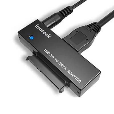Abbildung von Inateck USB 3.0 zu SATA Konverter Adapter für 2.5/3.5 Zoll Laufwerke HDD SSD mit 12V 2A Netzteil.