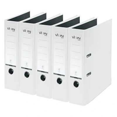 Abbildung von VON Leitz 5er Pack Ordner A4, Karton mit Kunststoffeinband, 80 mm Rückenbreite, Für 600 Blatt, FSC zertifizierter Karton, Schule, Studium &amp; Haushalt, Weiß, 10551001