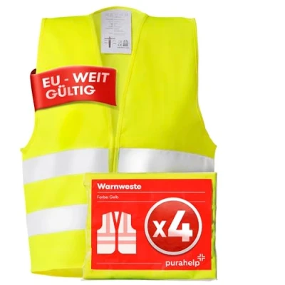 Abbildung von PURAHELP Warnwesten Auto 4er Set Europaweit gültig nach EN ISO 20471 Reflektierende Warnweste Sicherheitsweste Gelb Warnschutzweste Sicherheitswesten für Erwachsene