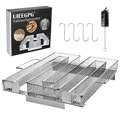 Abbildung von UIEEGPG Kaltrauchgenerator aus Edelstahl, Sparbrand Kaltraucherzeuger Mit Griffen Bürste + Haken für Räuchern von Fleisch Fisch Smoker, Räucherofen, Kugelgrill zum Kalträuchern (22.5*21.5*4.5)