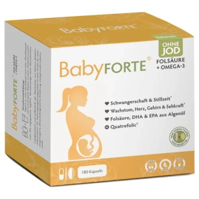 Abbildung von BabyFORTE® Folsäure ohne Jod + Omega 3 vegan mit Algenöl 17 Schwangerschaftsvitamine Quatrefolic® 180 Kapseln ab 1. Trimester