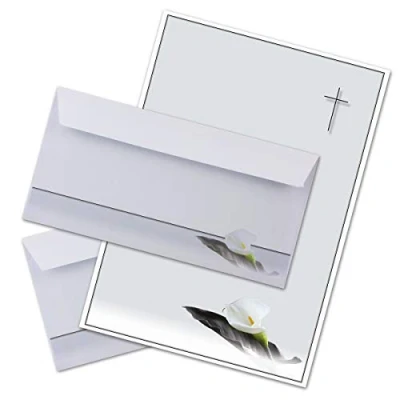 Abbildung von 15 x Set Trauerpapier DIN A4 + Trauerumschläge Lang Motiv Trauerblume mit Blatt 22 11 cm bedruckbar Kondolenz für Danksagung Trauer
