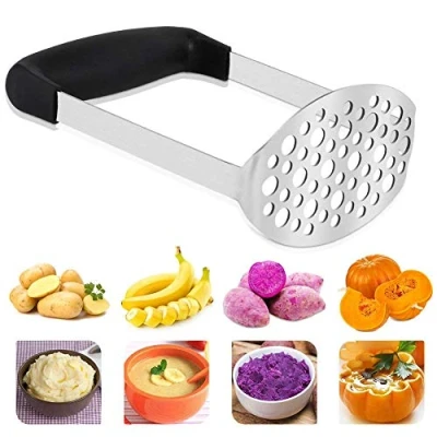 Abbildung von Kartoffelstampfer Edelstahl, Kartoffel Stampfer, Gemüsestampfer Kartoffelpürrier Kartoffelpresse für Spülmaschinengeeignet, Kartoffelbrei, Cremiges Kartoffelpüree(Schwarz 12 x 7 17 cm)