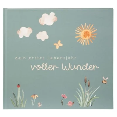 Abbildung von goldbuch 50 512 Babytagebuch Voller Wunder Wiese Salbeigrün, Erinnerungsalbum mit 100 illustrierten Seiten, Einband Goldprägung und einer als Motiv, Babyalbum ca. 24,5 x 22,5 3,5 cm