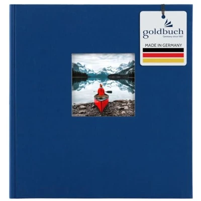 Abbildung von goldbuch 27895 Fotoalbum mit Fensterausschnitt, Bella Vista, Erinnerungsalbum 30 x 31 cm, Foto Album 60 weiße Seiten Pergamin Trennblättern, Fotobuch aus Leinen, Blau