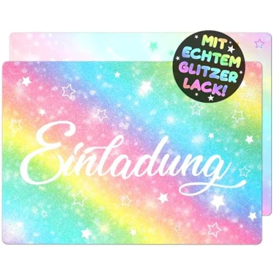 Abbildung von 12x GLITZER Regenbogen EINLADUNGSKARTEN KINDERGEBURTSTAG Mädchen Junge die Rainbow PARTY Karten sind Einladung für Kinder GEBURTSTAG Glitzerlack Sterne