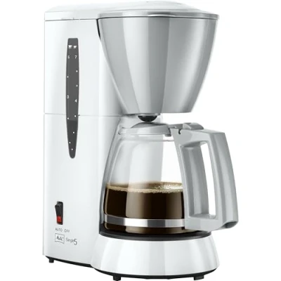 Abbildung von Melitta Single5 kleine Filterkaffeemaschine mit Glaskanne Tropfstopp 5 Tassen Weiß (M720WH)