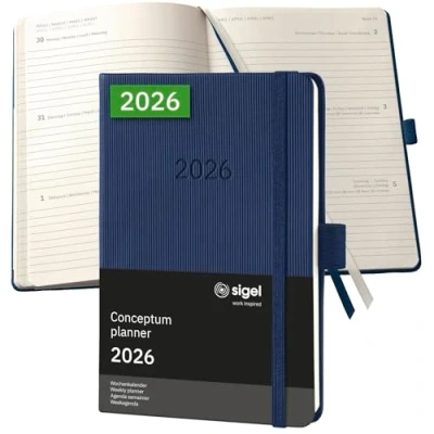 Abbildung von SIGEL C2663 Wochenplaner Wochenkalender 2026, ca. A6, dunkelblau, Hardcover, 176 Seiten, Gummiband, Stiftschlaufe, Archivtasche, aus nachhaltigem Papier, Kalenderbuch Conceptum