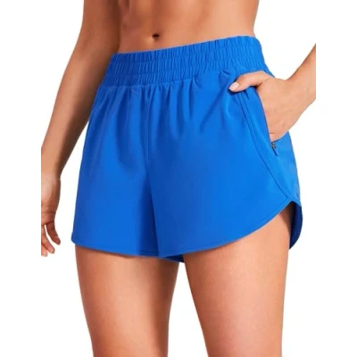 Abbildung von CRZ YOGA Damen Kurz Sporthose Laufhose High Waist Fitness Sport Shorts Kurze Hose mit Reißverschlusstasche Funkelndes Blau 36
