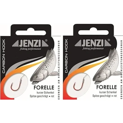 Abbildung von Spar Set: 2 Packungen JENZI gebundene Forellenhaken (20 Stück) r Mono, 60cm Hakengröße 4, 6, 8, 10 &amp; 12 je nach Auswahl + gratis Petri Heill! Aufkleber (Hakengröße12)