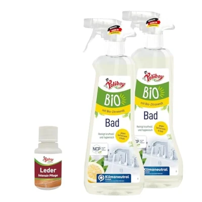 Abbildung von POLIBOY BIO Bad Reiniger Löst Kalk, Schmutz &amp; Wasserflecken Zitronenduft Vegan 2x 500 ml Mit Produktprobe Made in Germany