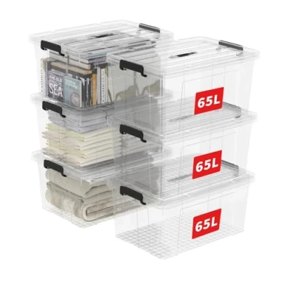 Abbildung von Cetomo 65L*6 Aufbewahrungsboxen, Tragbare Plastikboxen mit Deckeln, Organizer Behälter Griff und Clips, Stapelbar, Ineinander Nestbar, für Zuhause Büro, Transparent, 65L 6er Pack