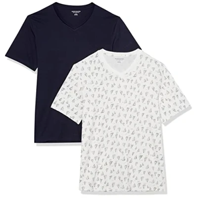Abbildung von Amazon Essentials Herren Kurzärmelige T Shirts mit V Ausschnitt, 2er Pack, Marineblau/Bootsmuster, XXL
