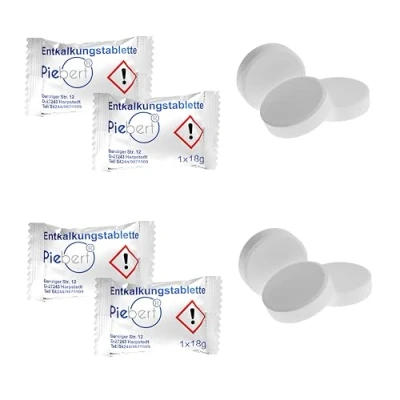 Abbildung von 10x Entkalkungstabletten im Flowpack für TASSIMO Getränkeautomaten Piebert® Qualität Made in Germany