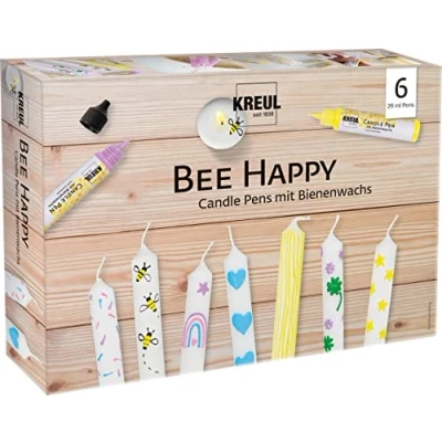 Abbildung von Kreul 49757 Candle Pen 6er Set Bee Happy, 6 x 29 ml, feine Malspitze, Farben mit Bienenwachs zum Verzieren &amp; Bemalen von Kerzen, Trocknungszeit ca. 8 Stunden, Yellow