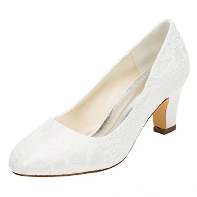 Abbildung von Emily Bridal Brautschuhe Damen Seide wie Satin Stöckel Absatz geschlossene Zehe Pumps, 39 EU, Ivory
