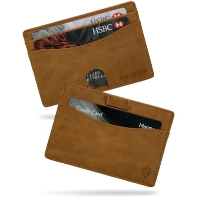 Abbildung von AKIELO Kartenetui mit RFID Schutz und Geschenkbox Minimalistisch Herren Geldbörse Kompakte Schlanke Wallet (Echo Hellbraune Ausgabe)