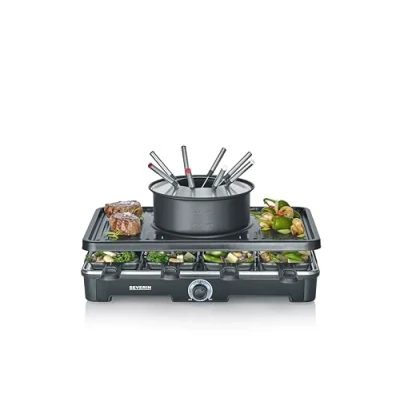 Abbildung von SEVERIN Raclette Fondue Kombination für 8 Personen, 2 in 1 Grill mit Grillplatte &amp; Set, Antihaftbeschichtung, inkl. Pfännchen, Schabern Gabeln, spülmaschinengeeignet, RG2347