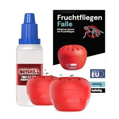Abbildung von Novokill Fruchtfliegenfalle für Küche wiederverwendbar 2X Obstfliegenfalle 1x Lockstoff bis zu 50 Tage Schutz Fliegenfalle Fruchtfliegen Fruit Fly Trap