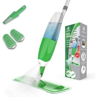 Abbildung von VOUNOT Wischer mit sprühfunktion, Sprühwischer 650ml Wassertank, Bodenwischer Sprühdüse, Spray Mop Wischmopp 2 Mikrofaserbezug, Grün