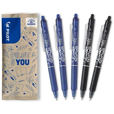 Abbildung von PILOT FriXion Clicker 0.7 5 Stück Farben 3x Blau, 2x Schwarz Radierbarer, nachfüllbarer Gel Tintenroller mit Druckmechanik und thermosensitiver Tinte, mittlere Spitze
