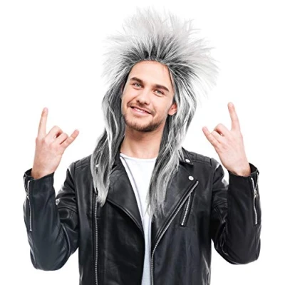 Abbildung von Rockige Perücke Schwarz/Weiß Damen Herren Karneval 80er Wave Punk Popstar Rocker Grau Schwarz Weiß Mix Toupiert