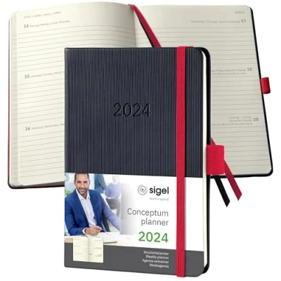 Abbildung von SIGEL C2509 Terminplaner Wochenkalender 2025, ca. A6, schwarz, rot, Hardcover, 176 Seiten, Gummiband, Stiftschlaufe, Archivtasche, aus nachhaltigem Papier, Conceptum