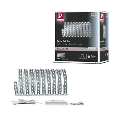Abbildung von Paulmann 70580 LED Stripe MaxLED 500 Basisset 3m Tageslichtweiß 6500K incl. 1x17 Watt dimmbar Lichtband Silber Lichtstreifen Metall Band 6500 K