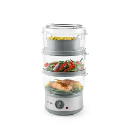 Abbildung von Petra PT2726ZV2HEVDE 3 stufig Elektro Dampfgarer 7,5L Multikocher, Abnehmbare BPA freie Körbe und Reisschüssel inklusive, kompaktes Design, 60 Minuten Timer, 500W, Fleisch Gemüsedämpfer, Silber