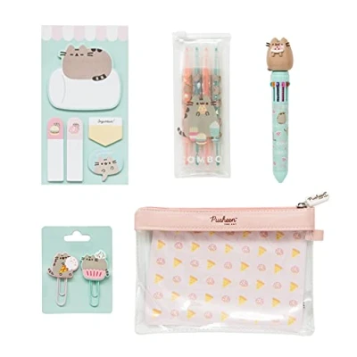 Abbildung von Grupo Erik Schreibwaren Set Pusheen Foodie Kugelschreiber 10 farben Federmäppchen Groß Büroklammern 4 Textmarker Pastell Notizzettel Klebend KPGE001