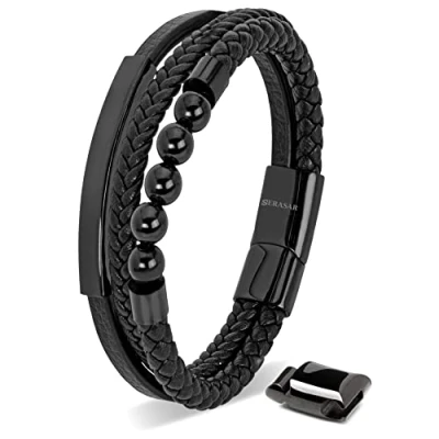 Abbildung von SERASAR Armband Herren 20cm Schwarz Männer Leder Armreif Lederband Herrenarmreif Armschmuck Schmuck Herrenschmuck Armkette Flecht Wickelarmband Kette Leather