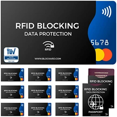 Abbildung von TÜV geprüfte RFID Blocker NFC Schutzhüllen (12 Stück) für Kreditkarte, EC Karte, Bank Personalausweis &amp; Reisepass Kreditkarten Hülle mit Schutz gegen Funk Datenklau Kartenhülle Schutzhülle