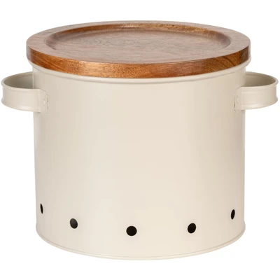 Abbildung von WENKO Aufbewahrungsdose Mod. Aria 3,8 Liter, Metalldose mit Akazienholz Deckel, luftdurchlässig, Ø 18 x 16,5 cm, Beige