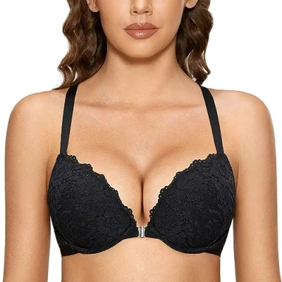 Abbildung von DOBREVA Damen Vorderverschluss BH mit Bügel Push Up Spitzen Neckholder BHS Racerback Tiefer Ausschnitt Gepolsterter Schwarz 85E