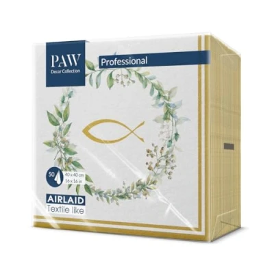 Abbildung von PAW Servietten aus Airlaid Stoffähnlich (40 x 40 cm) I 50 Stück Perfekt für Kommunion, Konfirmation, Taufe Hochwertige Tischdeko Stoffservietten Fisch Eukalyptus First Communion Gold Fish
