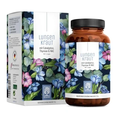 Abbildung von Lungenkraut Kapseln 120 Stück mit 300mg pro Tagesdosis (Lungwort) Atem Komplex ergänzt Thymian, Eukalyptus, NAC &amp; Vitamin B2 Vegan ohne Zusätze