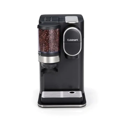 Abbildung von Cuisinart Kaffeemaschine für eine Tasse, gemahlen und gebrüht Single serve Filterkaffee Eingebautes Kegelmahlwerk aus Edelstahl 3 Tassengrößen wählen Wiederverwendbare Filterkapsel Schwarz